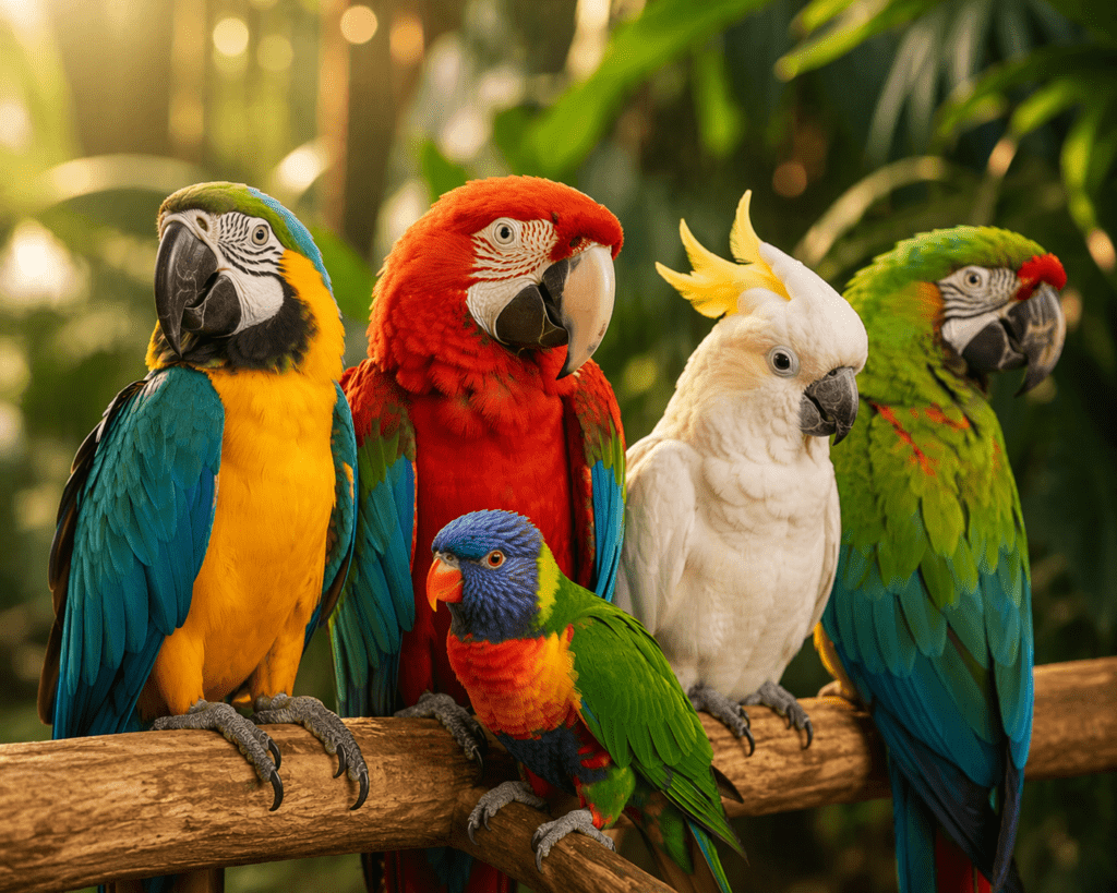 Colorful parrots group