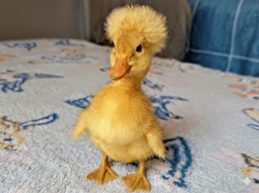 Fluffy yellow duckling standing on a patterned blanket, showcasing its adorable features and inviting a sense of warmth and playfulness.