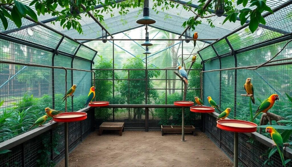 Greenhouse interior with plants and growing environment for birds and small animals